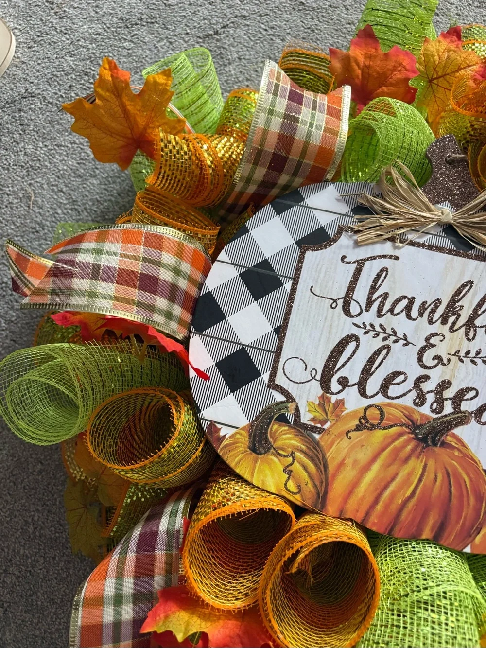 Hand Crafted Thankful & Blessed Wreath - Orange, Green